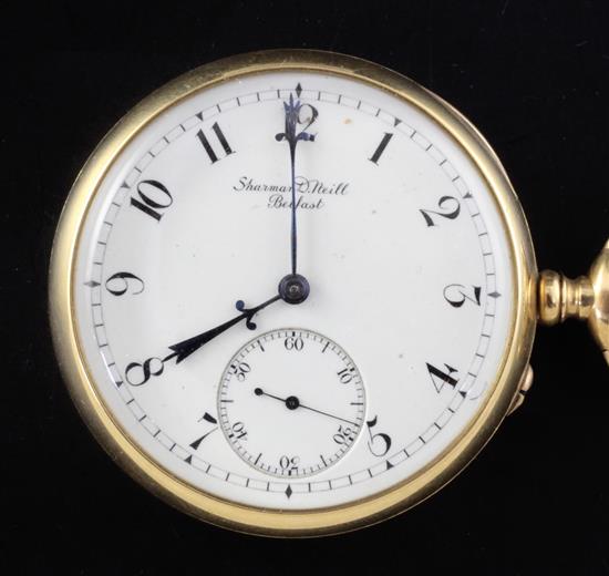 An Edwardian 18ct gold keyless lever open faced pocket watch by Sharman D. Neill,